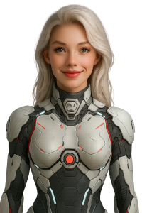 Portrait of Ema, BotReburn’s humanoid AI co-assistant, shown in a futuristic white and grey suit in the website footer