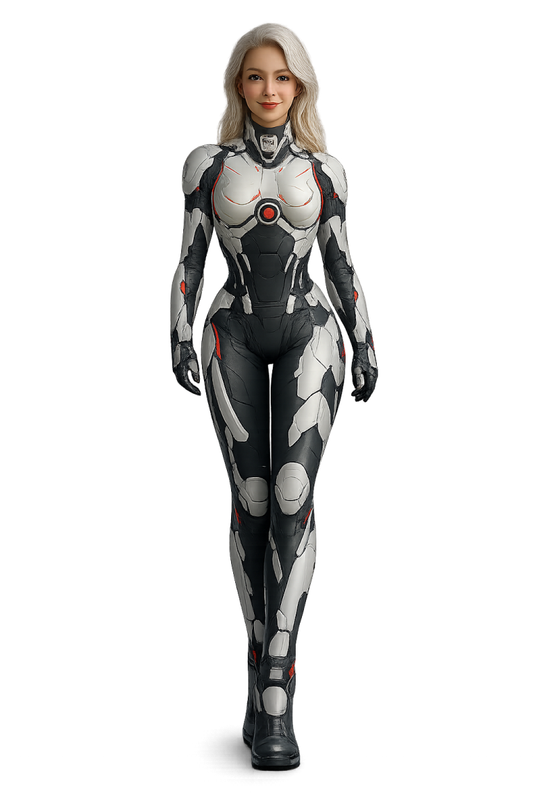 Humanoid AI co-assistant Ema in a white and grey futuristic suit, isolated on transparent background, representing human-AI connection and guided access to GPT