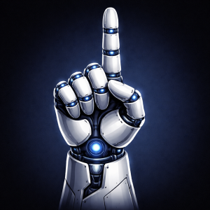 Futuristic robotic hand with raised index finger, symbolizing limits, rules, and what BotReburn does not do