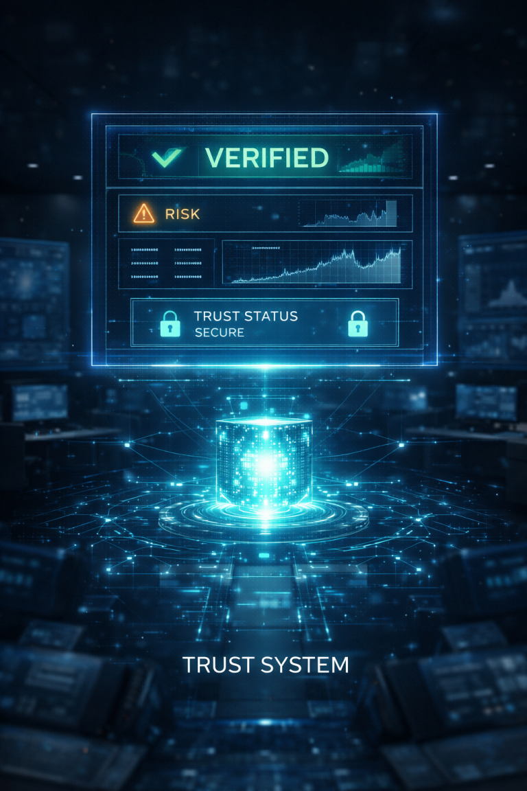 Futuristic trust verification system interface showing verified status, risk analysis, and secure trust status for humanoid robot evaluation